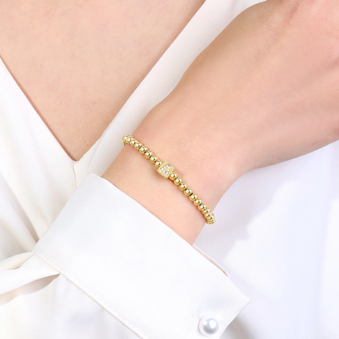 Gold Beaded Block Initial Bracelet