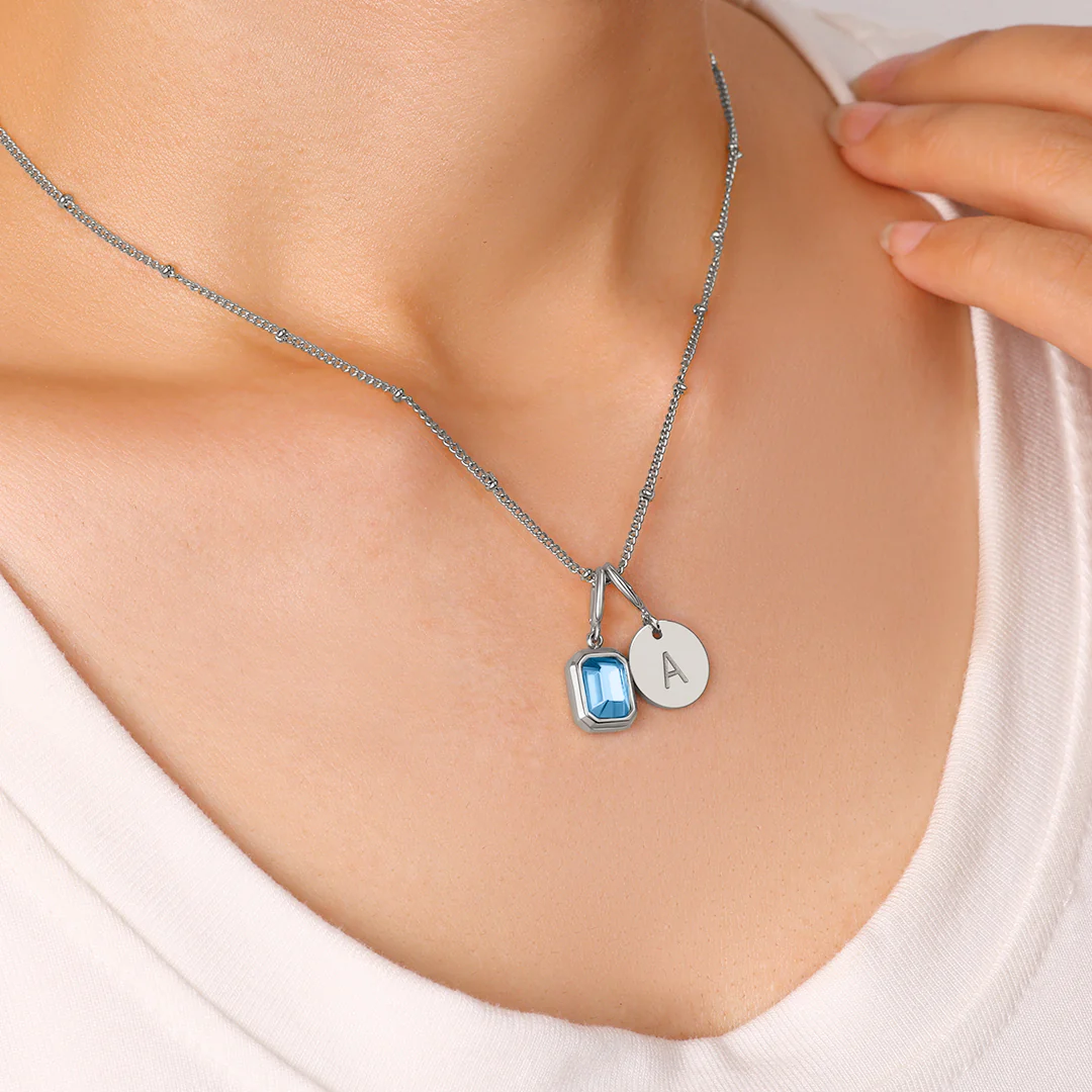 Baguette Birthstone & Initial Necklace