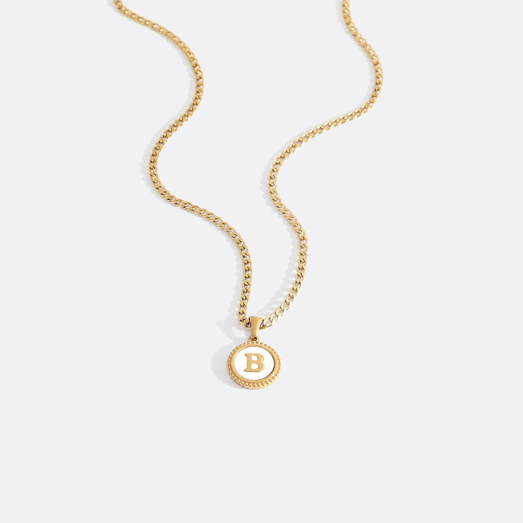 Mother of Pearl Disc Letter Necklace with Cuban Chain