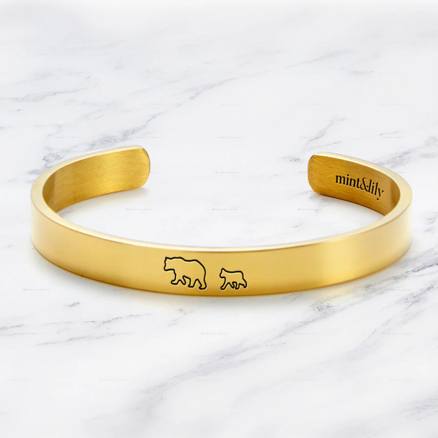Mama Bear & Her Baby Bears Engraved Cuff Bracelet