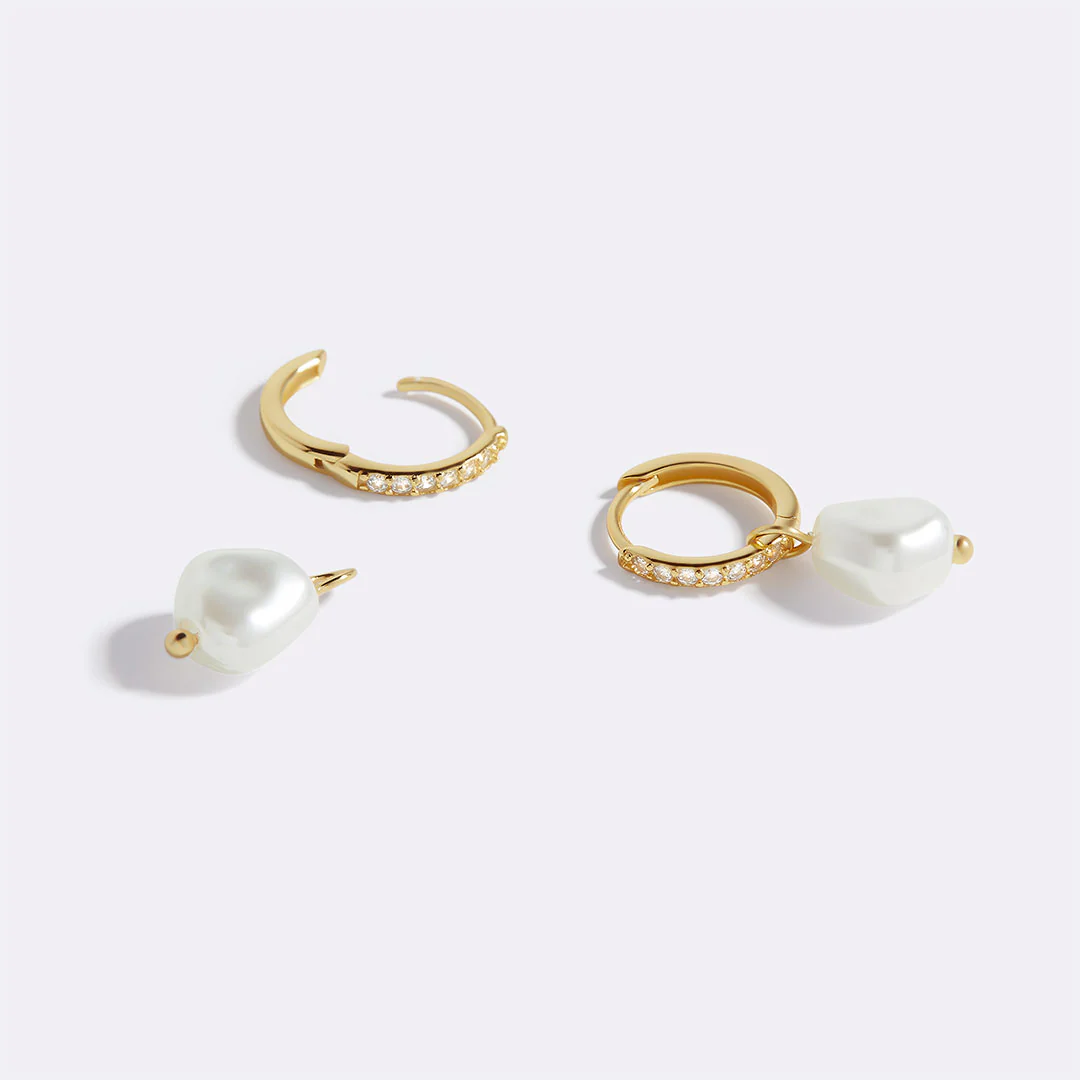 Freshwater Pearl Drop Pave Huggie Earrings