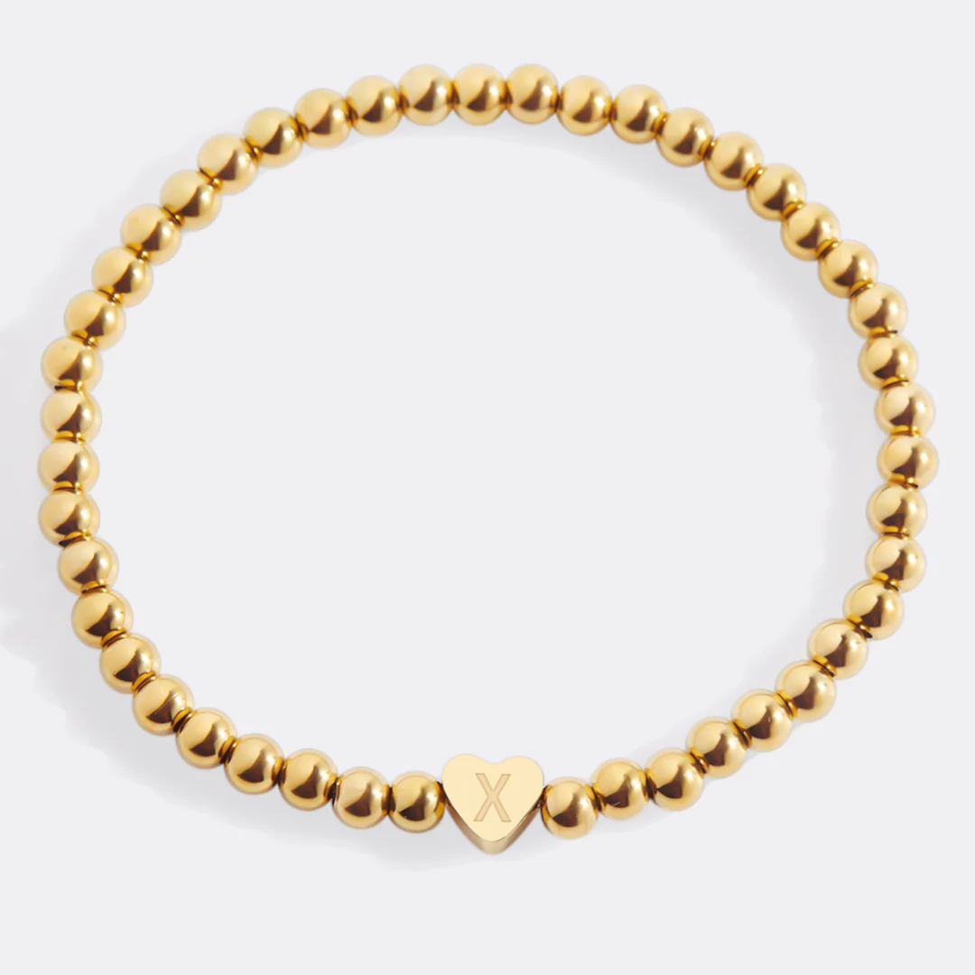Gold Beaded Bracelet with Heart Initial