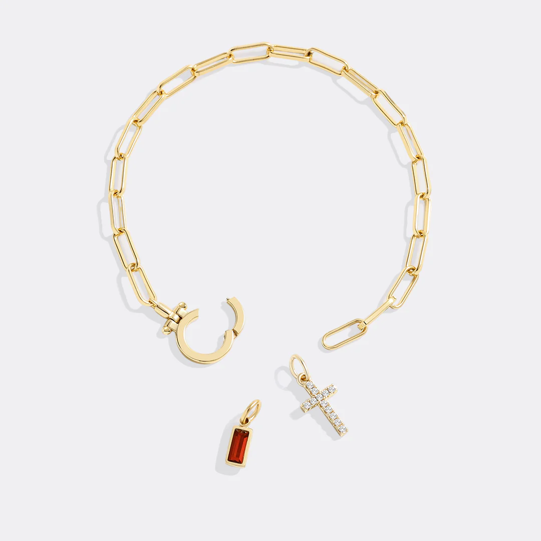 Cross Charm Birthstone Paperclip Bracelet