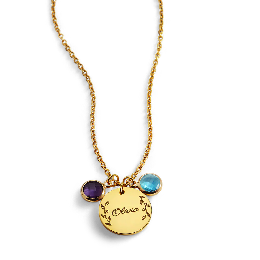 Engraved Birthstone Pendant Necklace with Leaves