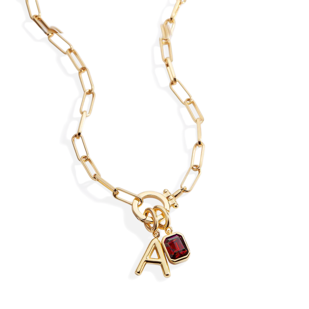 Mint Paperclip Necklace with Initial & Birthstone Charm