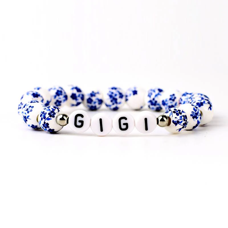 Custom Name Blue Porcelain Floral Beaded Bracelet