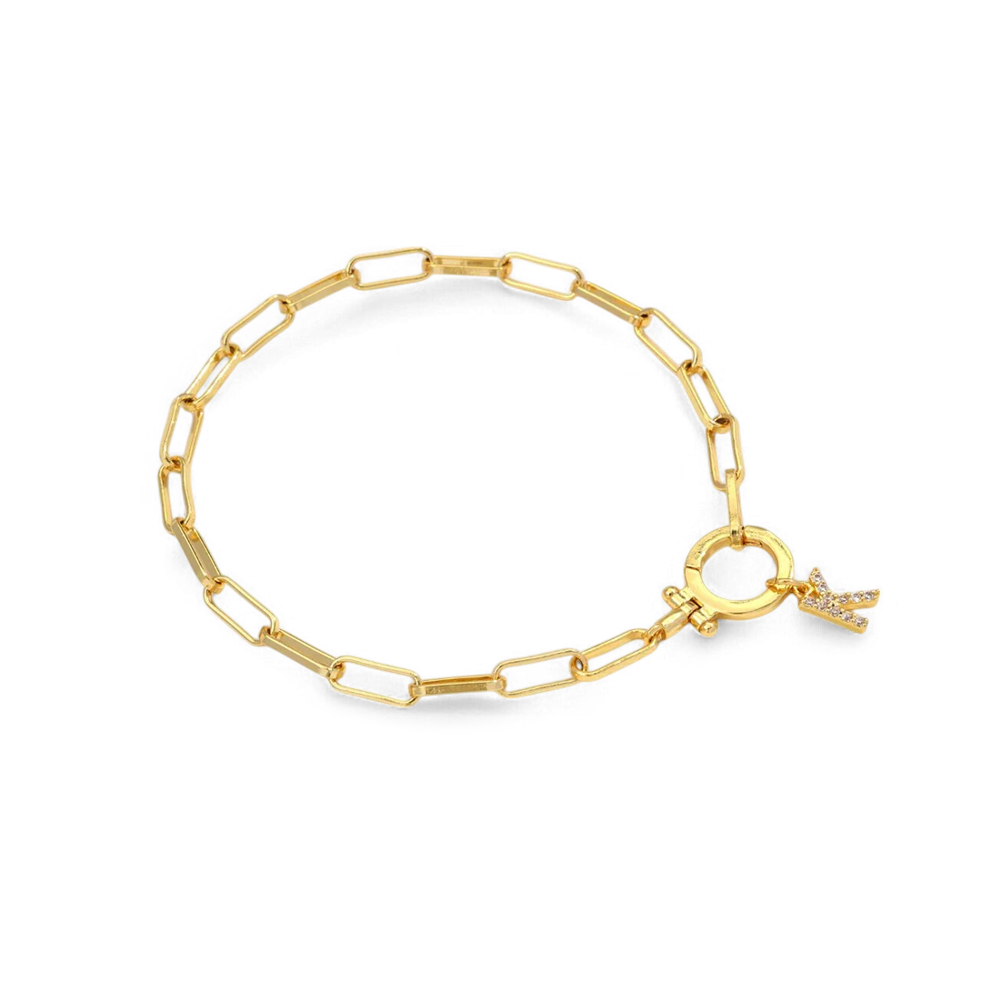 Mint Paperclip Bracelet with Pave Initial Charm