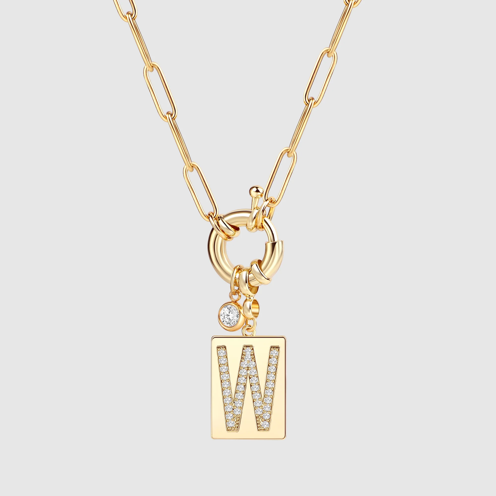 Pave Initial Pendant Necklace with Paperclip Chain