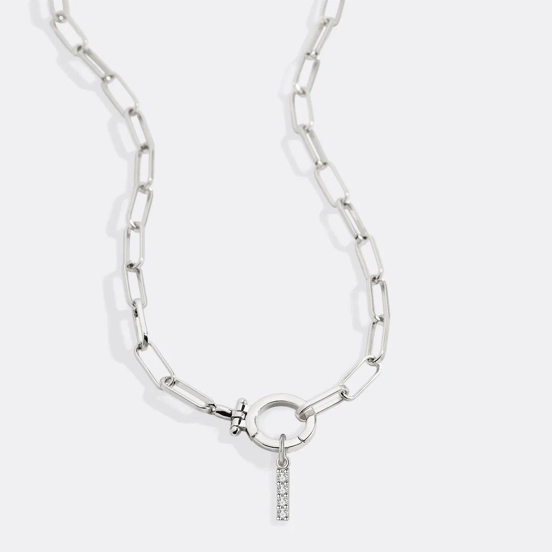 Mint Paperclip Necklace with Pave Initial Charm