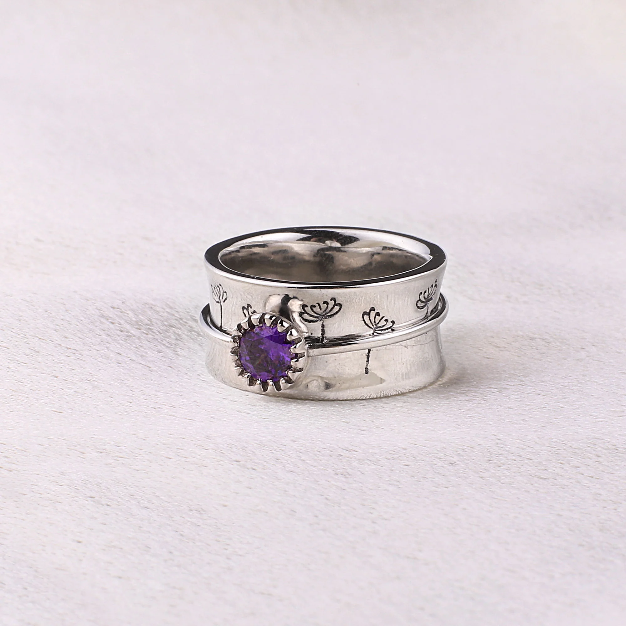 Silver Dandelion Birthstone Spinning Fidget Ring