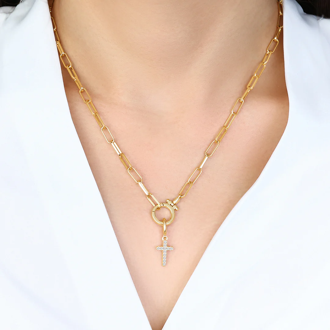 Mint Paperclip Necklace with Pave Cross Charm