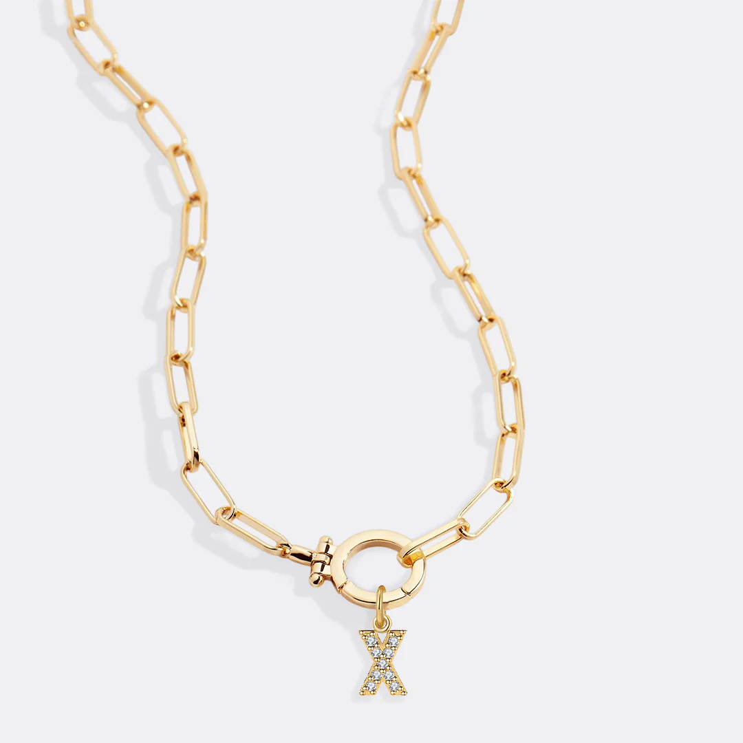 Mint Paperclip Necklace with Pave Initial Charm