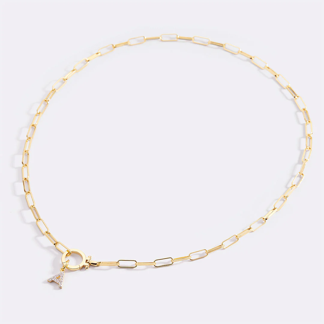 Mint Paperclip Necklace with Pave Initial Charm