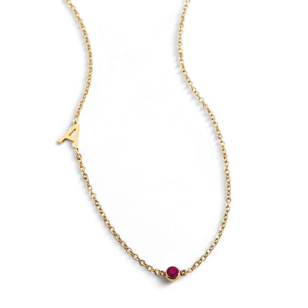 Initial Necklace with Birthstone Accent