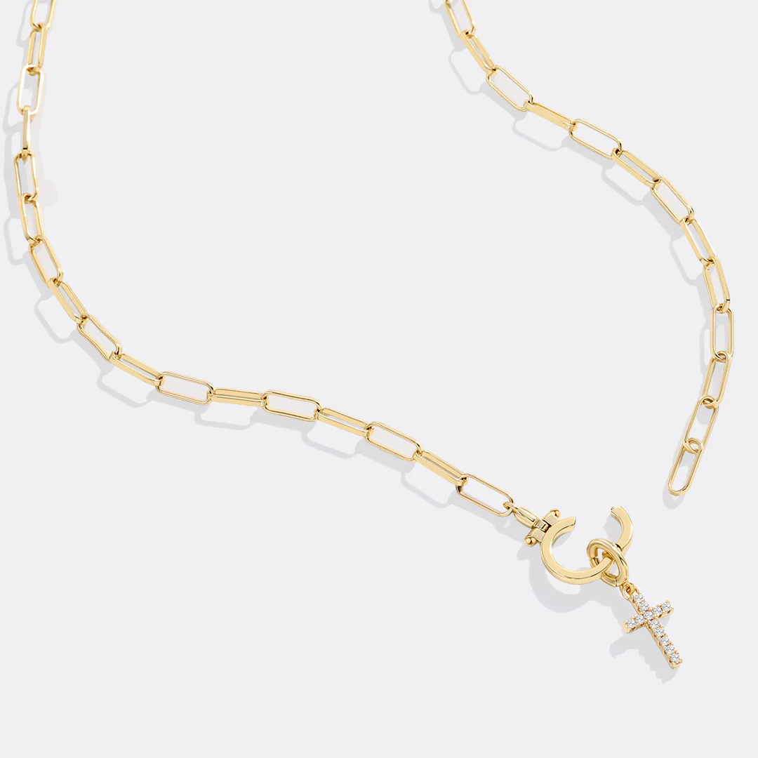 Mint Paperclip Necklace with Pave Cross Charm
