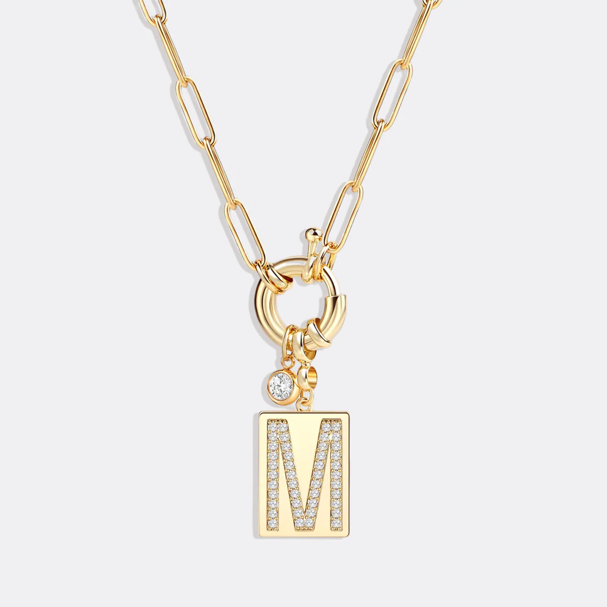 Pave Initial Pendant Necklace with Paperclip Chain