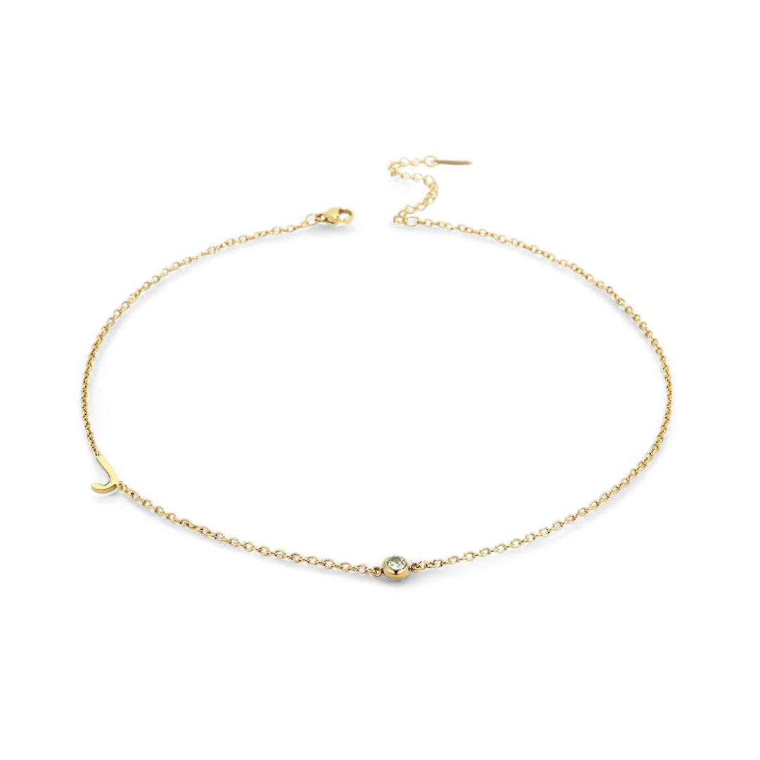 Initial Necklace with Birthstone Accent