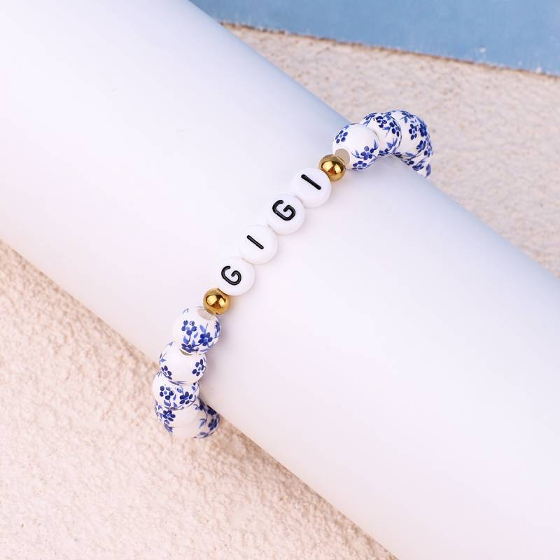 Custom Name Blue Porcelain Floral Beaded Bracelet
