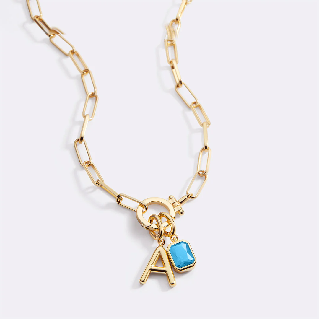 Mint Paperclip Necklace with Initial & Birthstone Charm