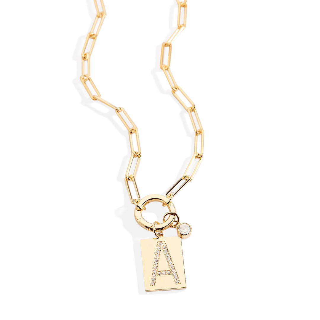 Gold Pave Initial Pendant Necklace with Paperclip Chain