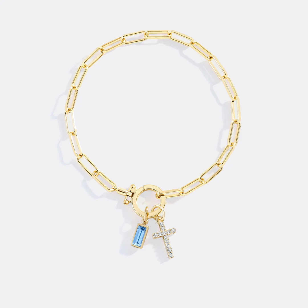 Cross Charm Birthstone Paperclip Bracelet