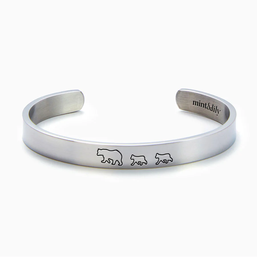 Mama Bear & Her Baby Bears Engraved Cuff Bracelet