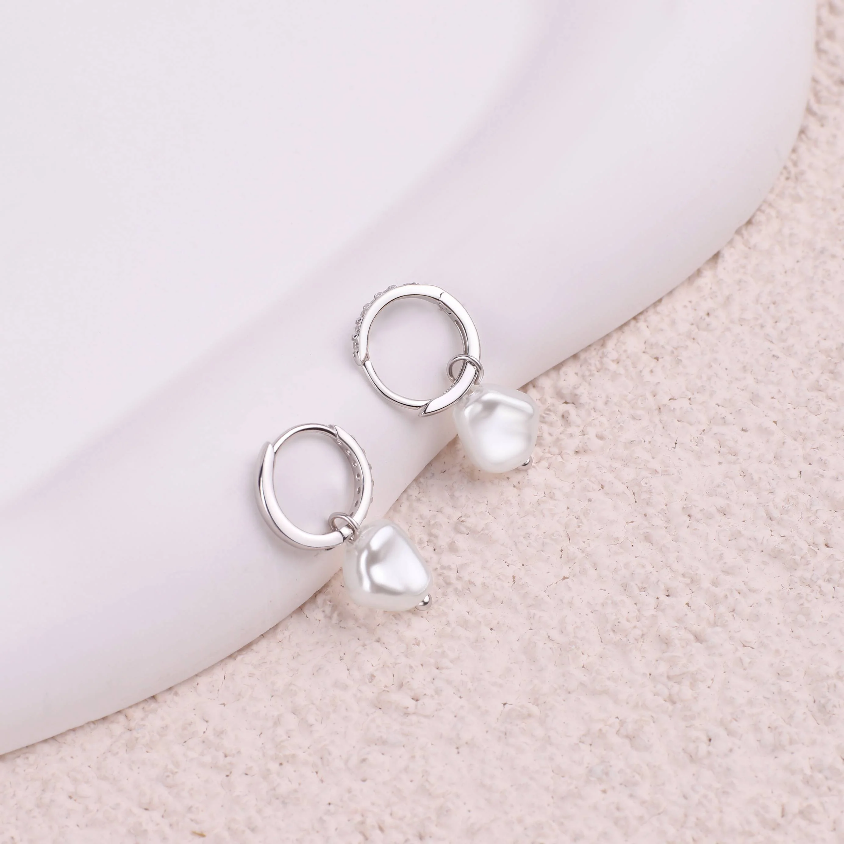 Freshwater Pearl Drop Pave Huggie Earrings