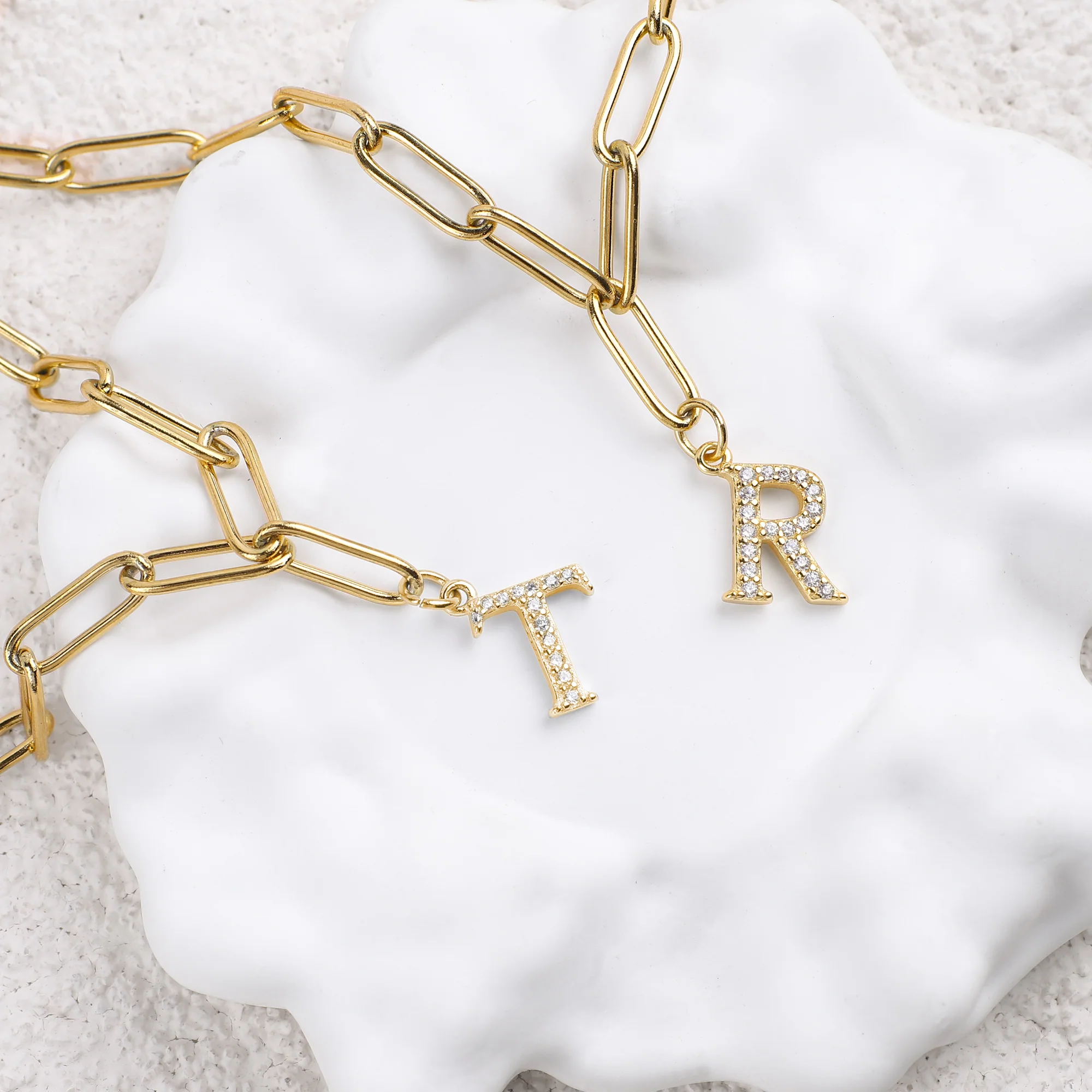 Diamond Letter Pendant Necklace with Paperclip Chain