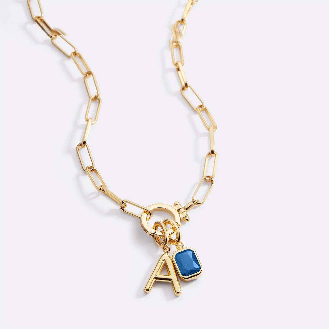 Mint Paperclip Necklace with Initial & Birthstone Charm