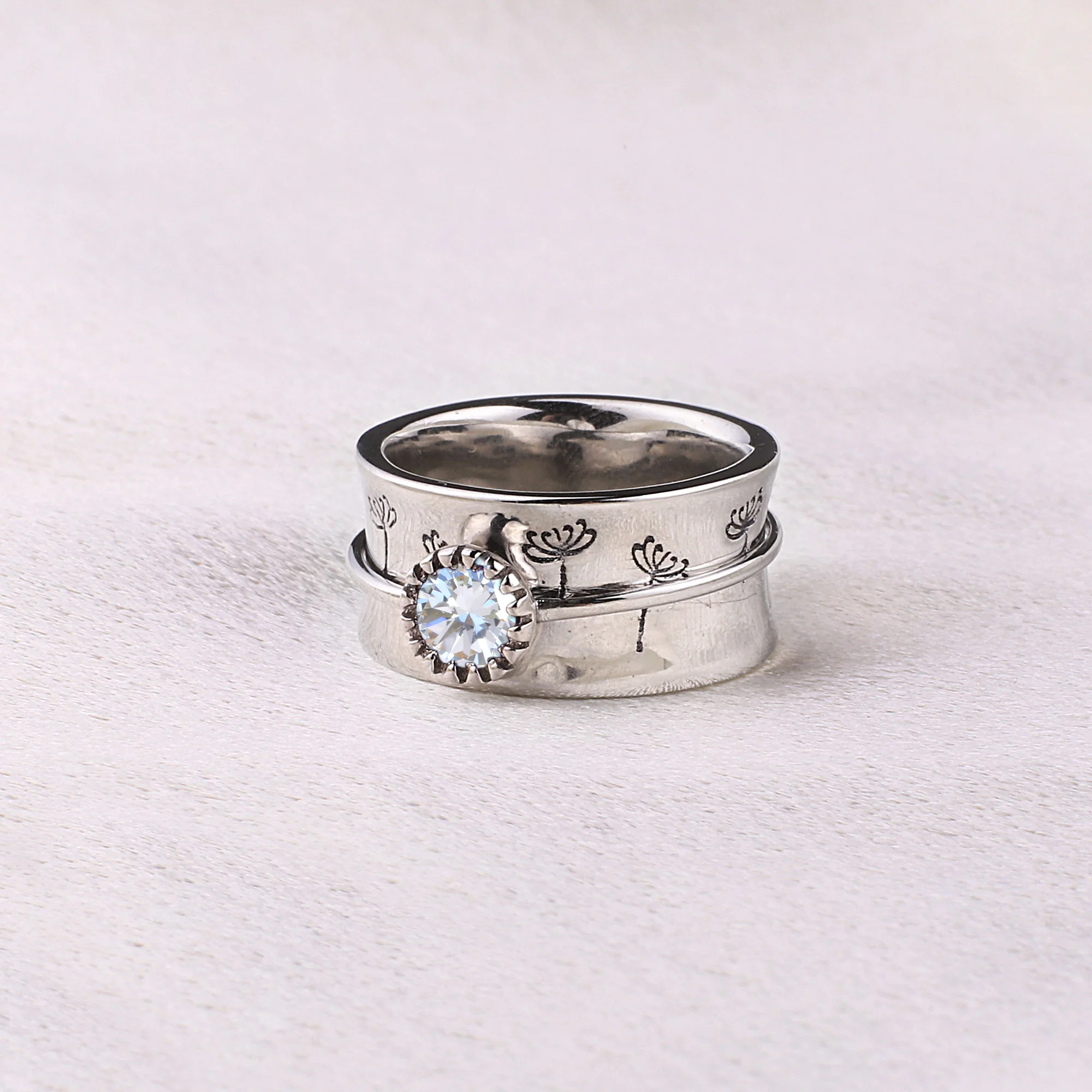 Silver Dandelion Birthstone Spinning Fidget Ring