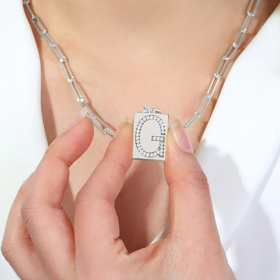 Sterling Silver Pave Initial Pendant Necklace with Paperclip Chain