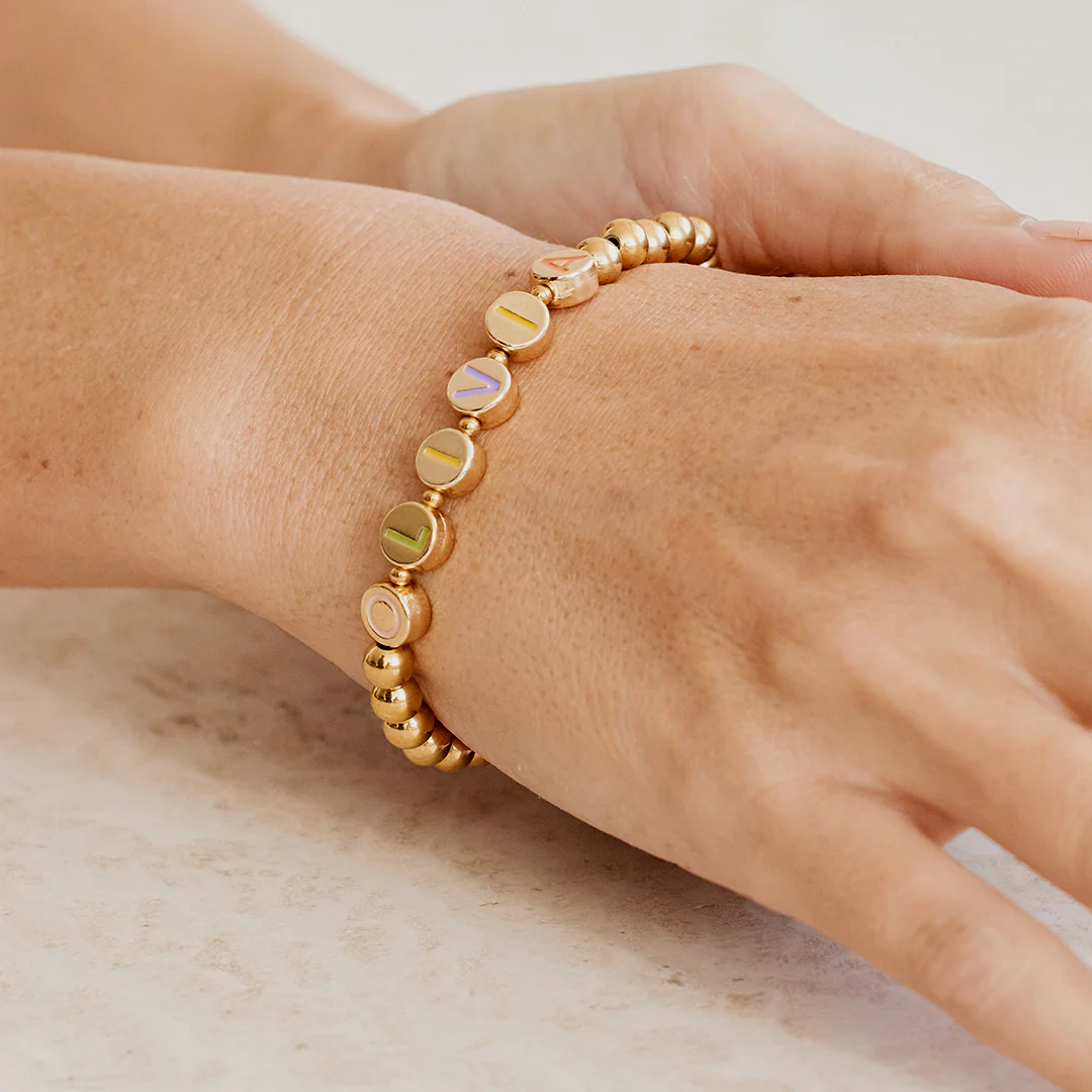 Custom Rainbow Letter Gold Disc Beaded Bracelet