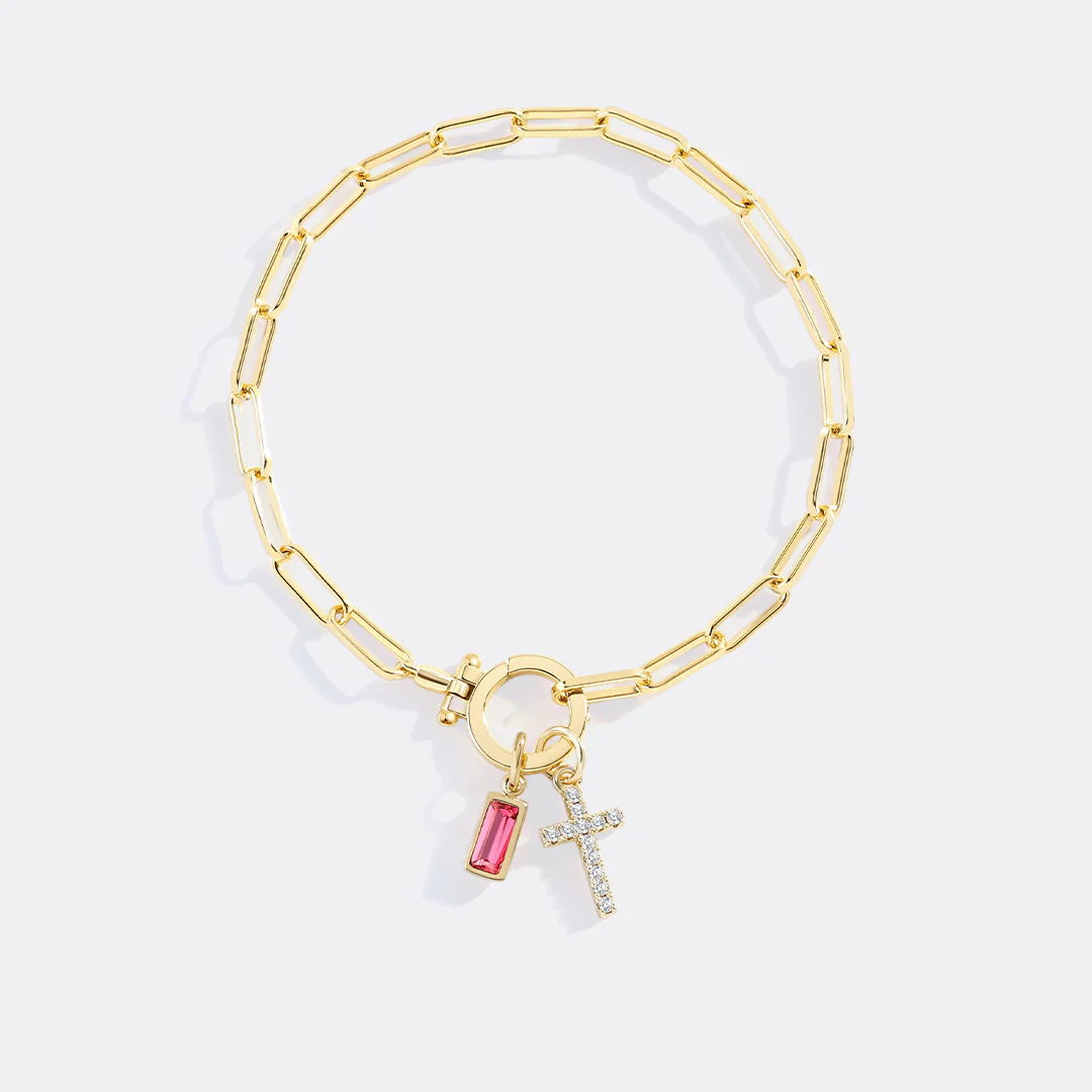 Cross Charm Birthstone Paperclip Bracelet