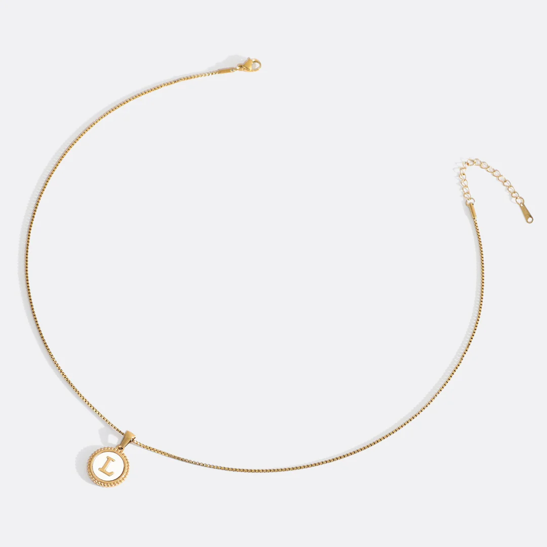 Mother of Pearl Disc Letter Necklace with Box Chain