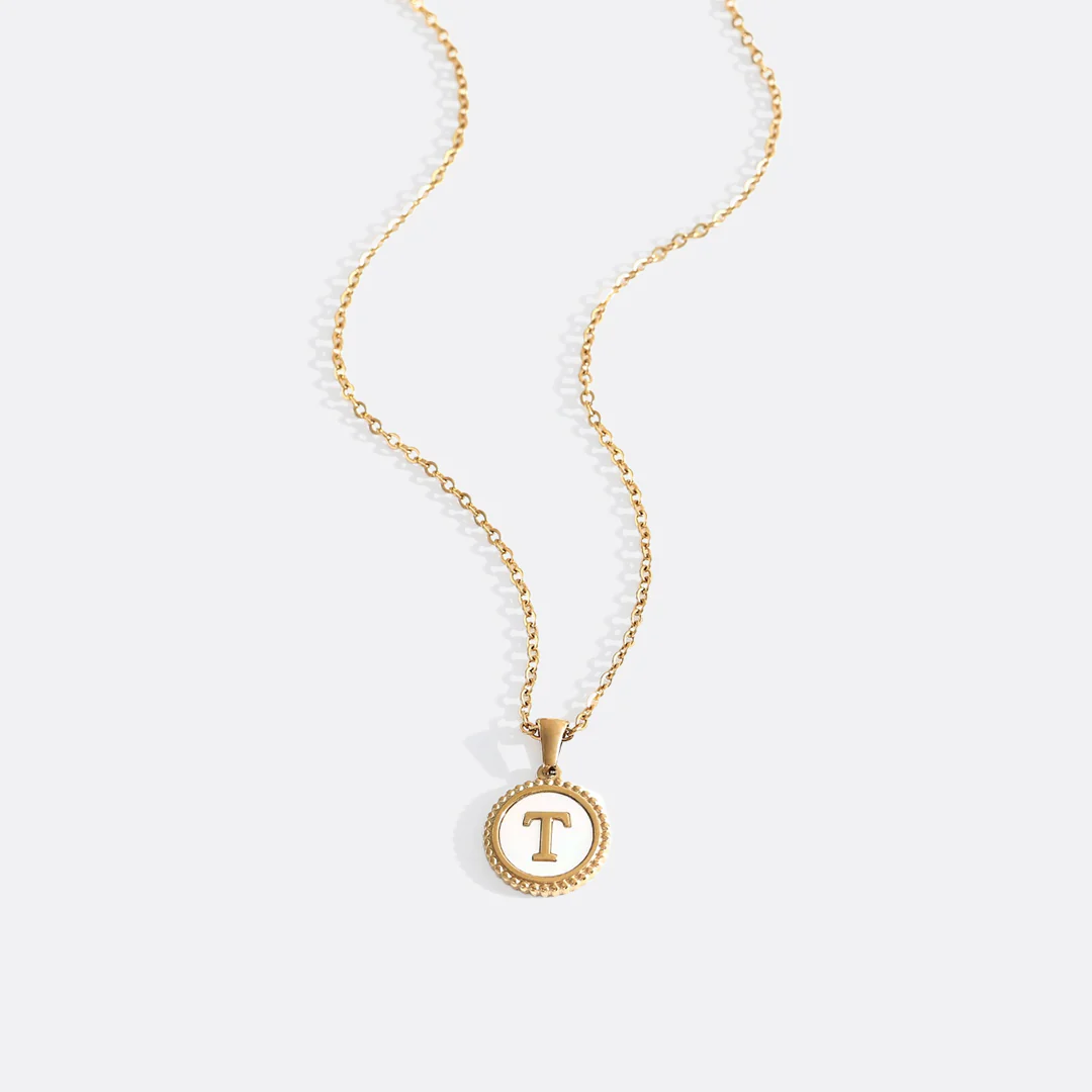 Mother of Pearl Disc Letter Necklace with Cable Chain