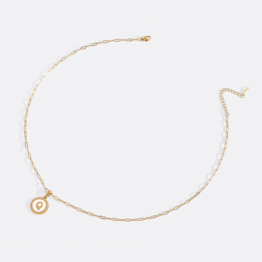 Mother of Pearl Disc Letter Necklace with Paperclip Chain