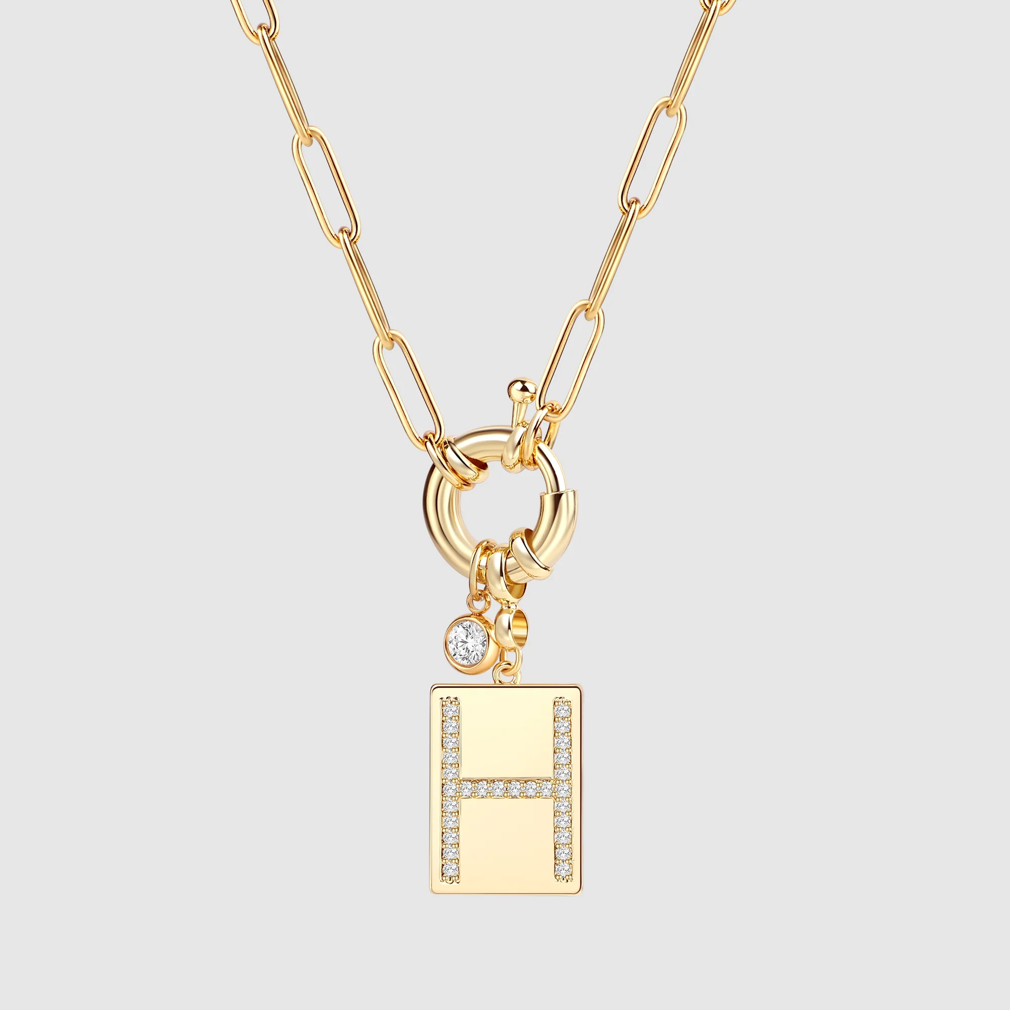 Pave Initial Pendant Necklace with Paperclip Chain