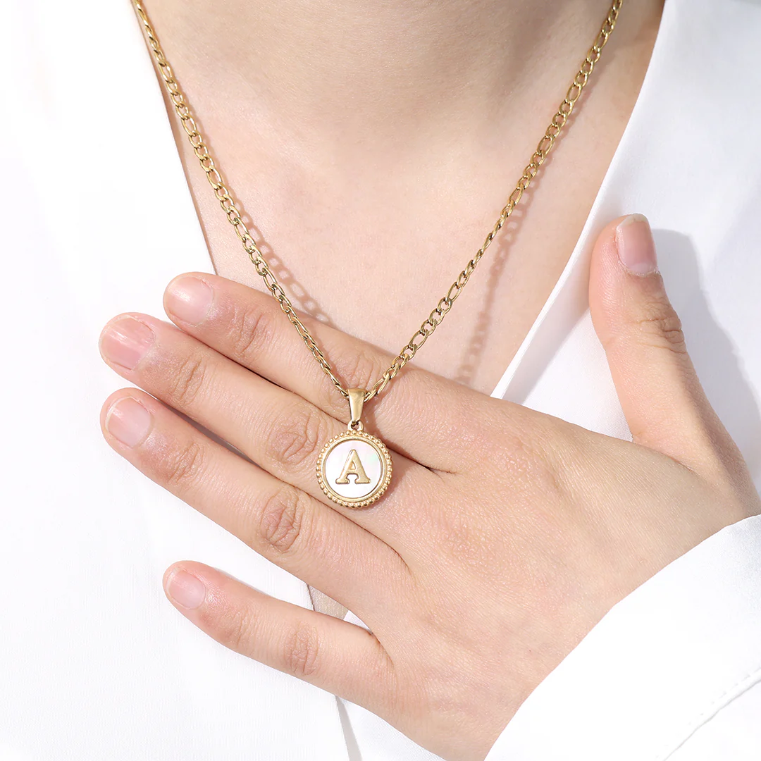 Mother of Pearl Disc Letter Necklace with Figaro Chain
