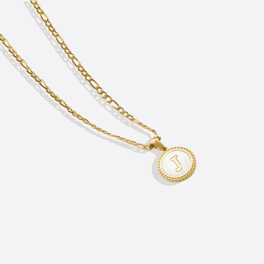 Mother of Pearl Disc Letter Necklace with Figaro Chain