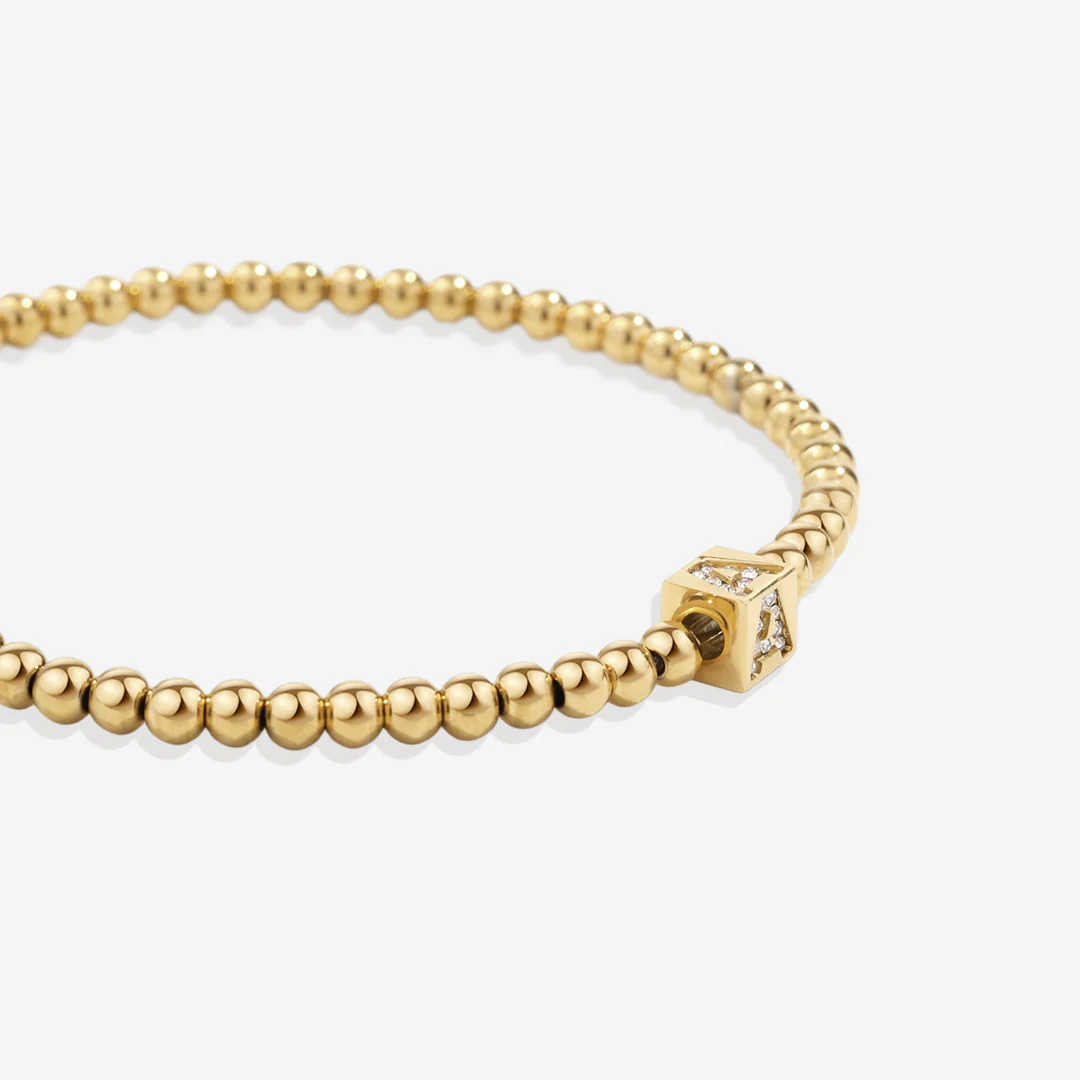 Gold Beaded Block Initial Bracelet