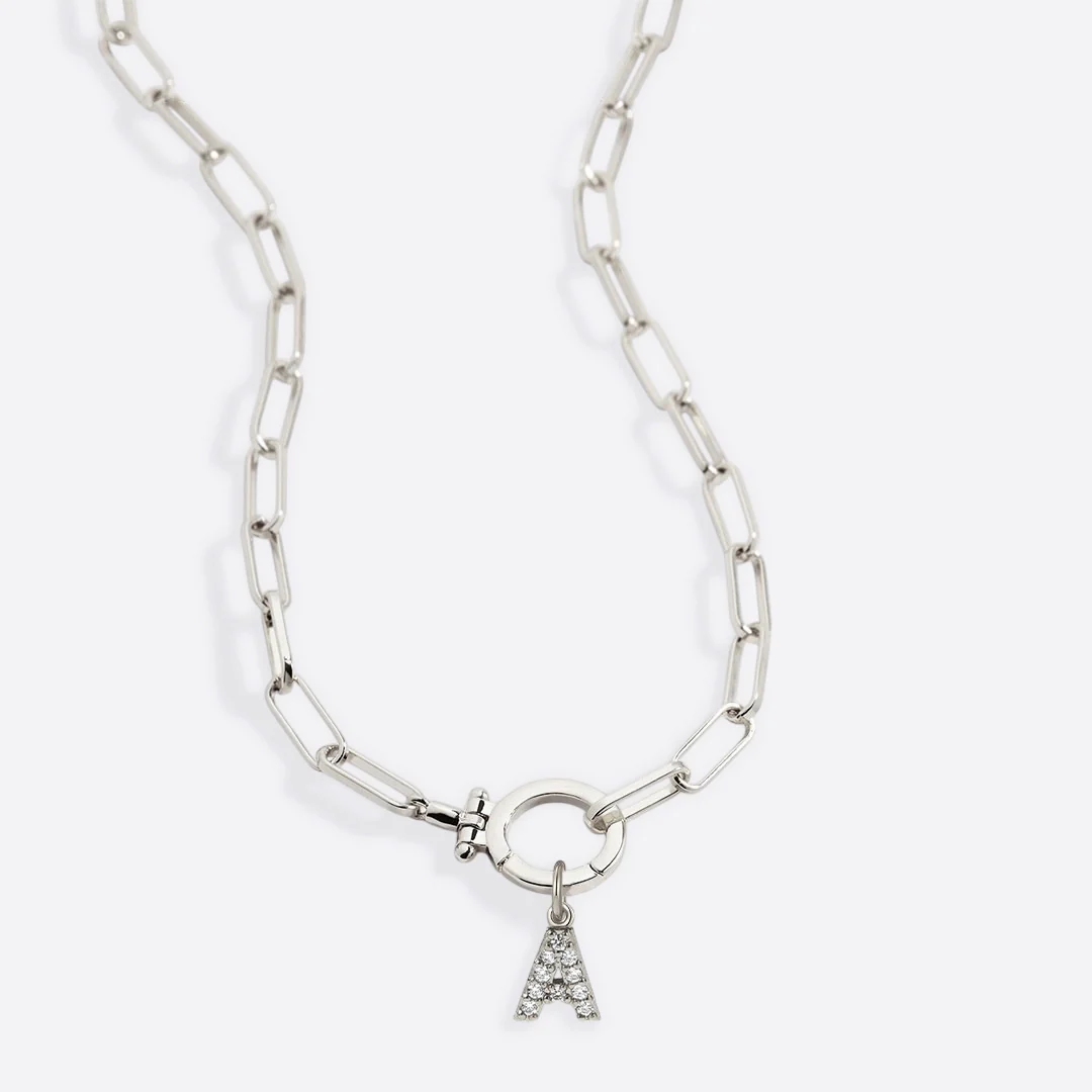 Mint Paperclip Necklace with Pave Initial Charm