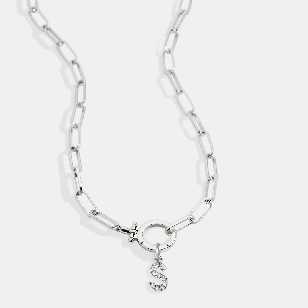 Mint Paperclip Necklace with Pave Initial Charm