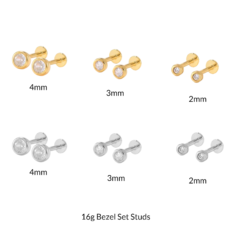 Bezel Stud Flatback Earrings | 16g