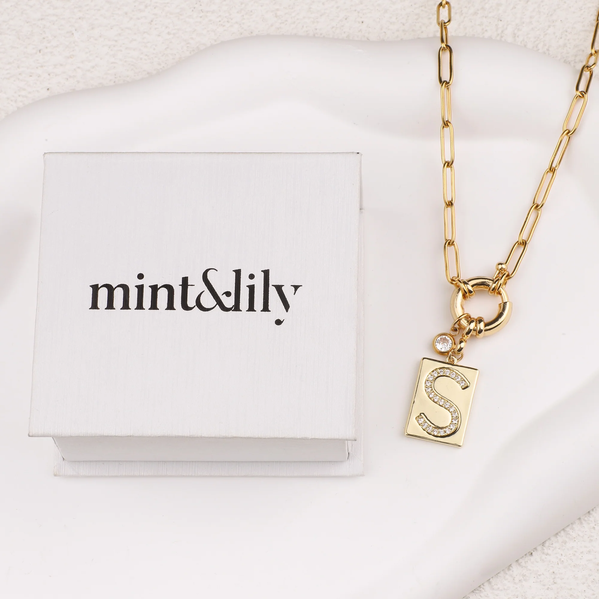 Pave Initial Pendant Necklace with Paperclip Chain