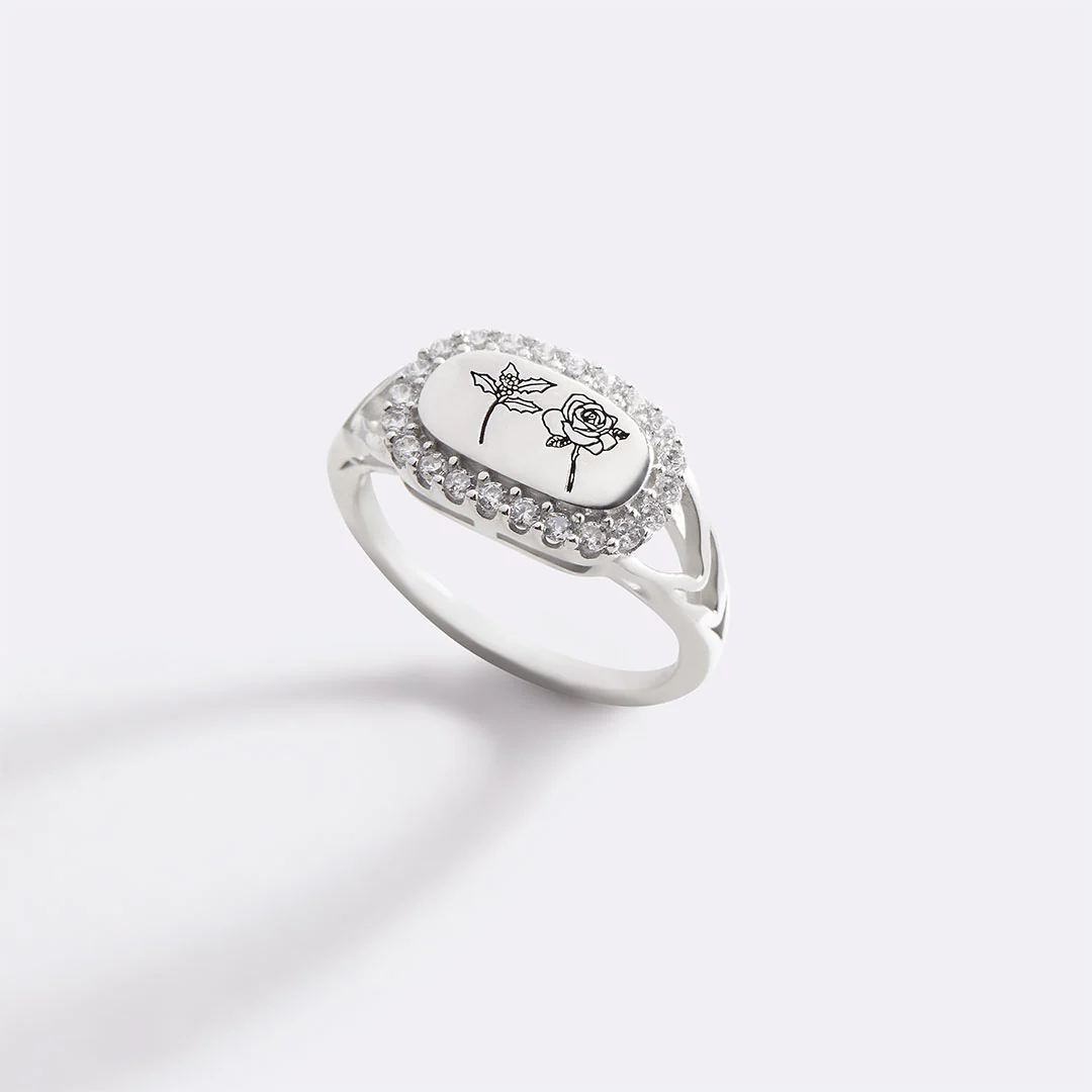 Personalized Birth Flower Bejeweled Ring
