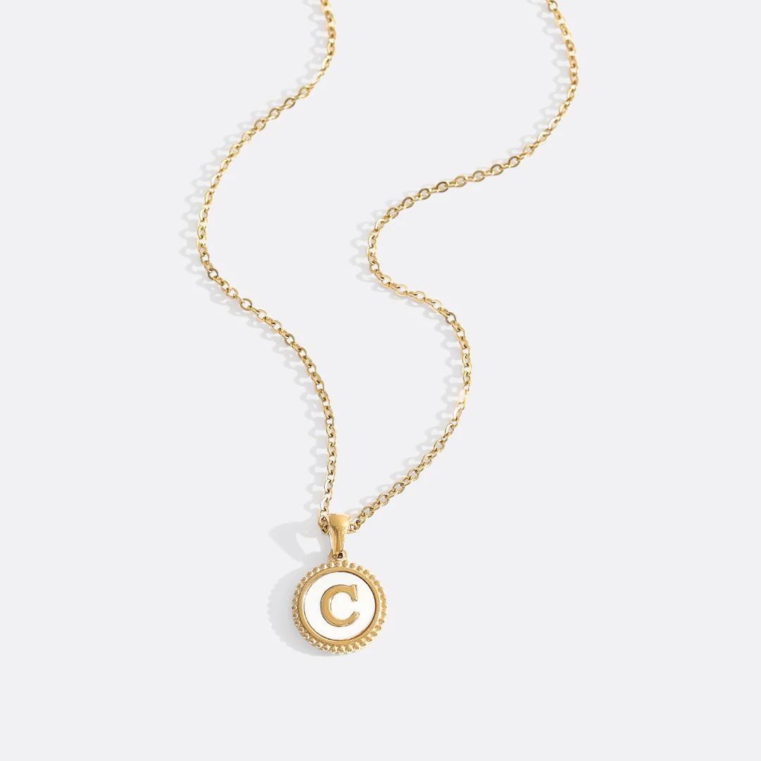 Mother of Pearl Disc Letter Necklace with Cable Chain