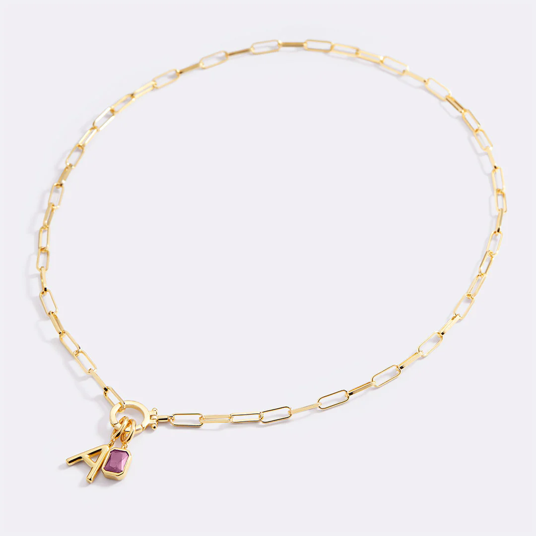 Mint Paperclip Necklace with Initial & Birthstone Charm