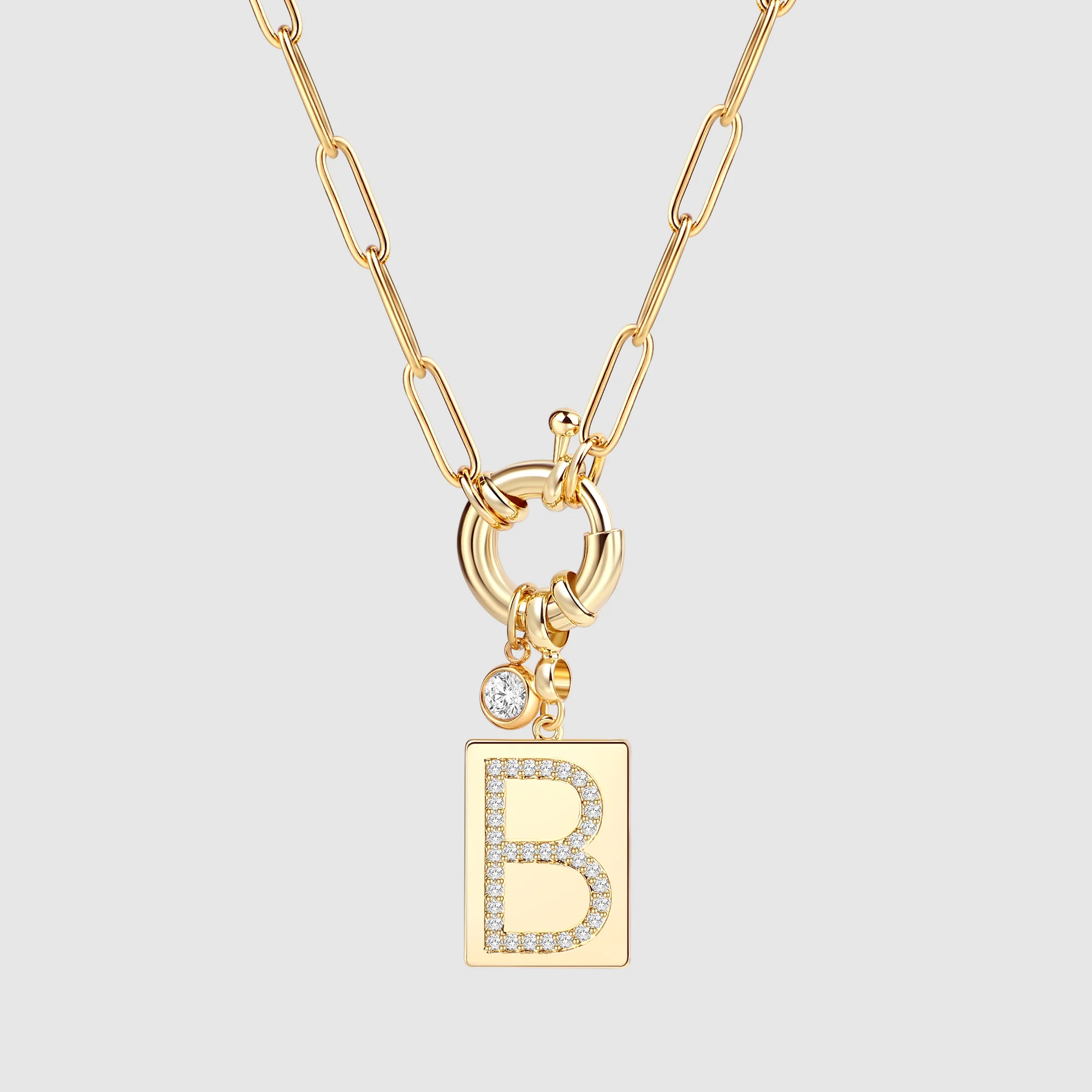 Pave Initial Pendant Necklace with Paperclip Chain