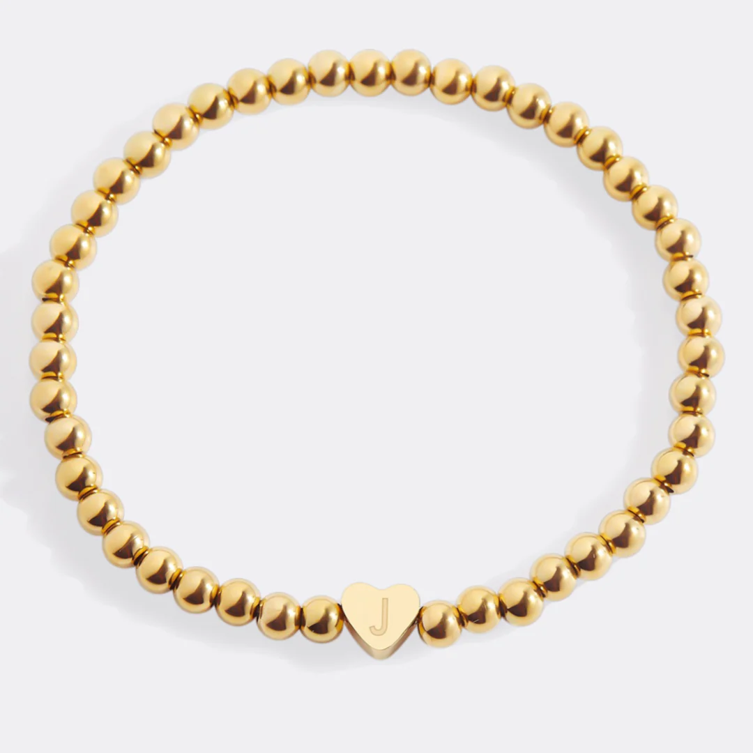 Gold Beaded Bracelet with Heart Initial