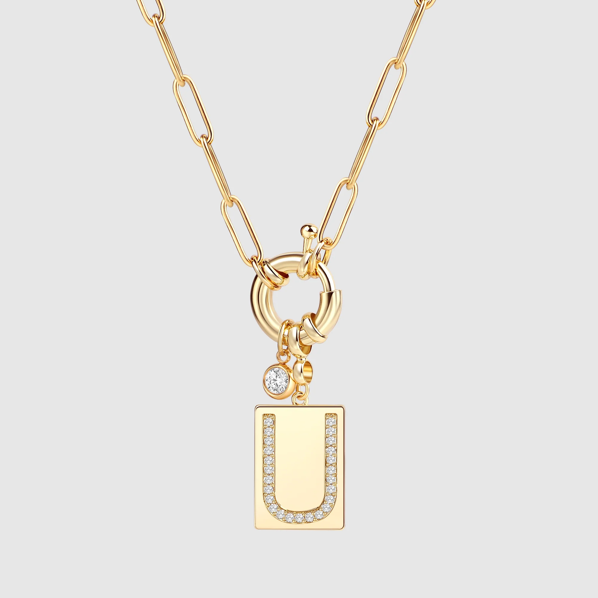 Pave Initial Pendant Necklace with Paperclip Chain